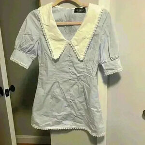 Cider light blue short-sleeved lace collared blouse